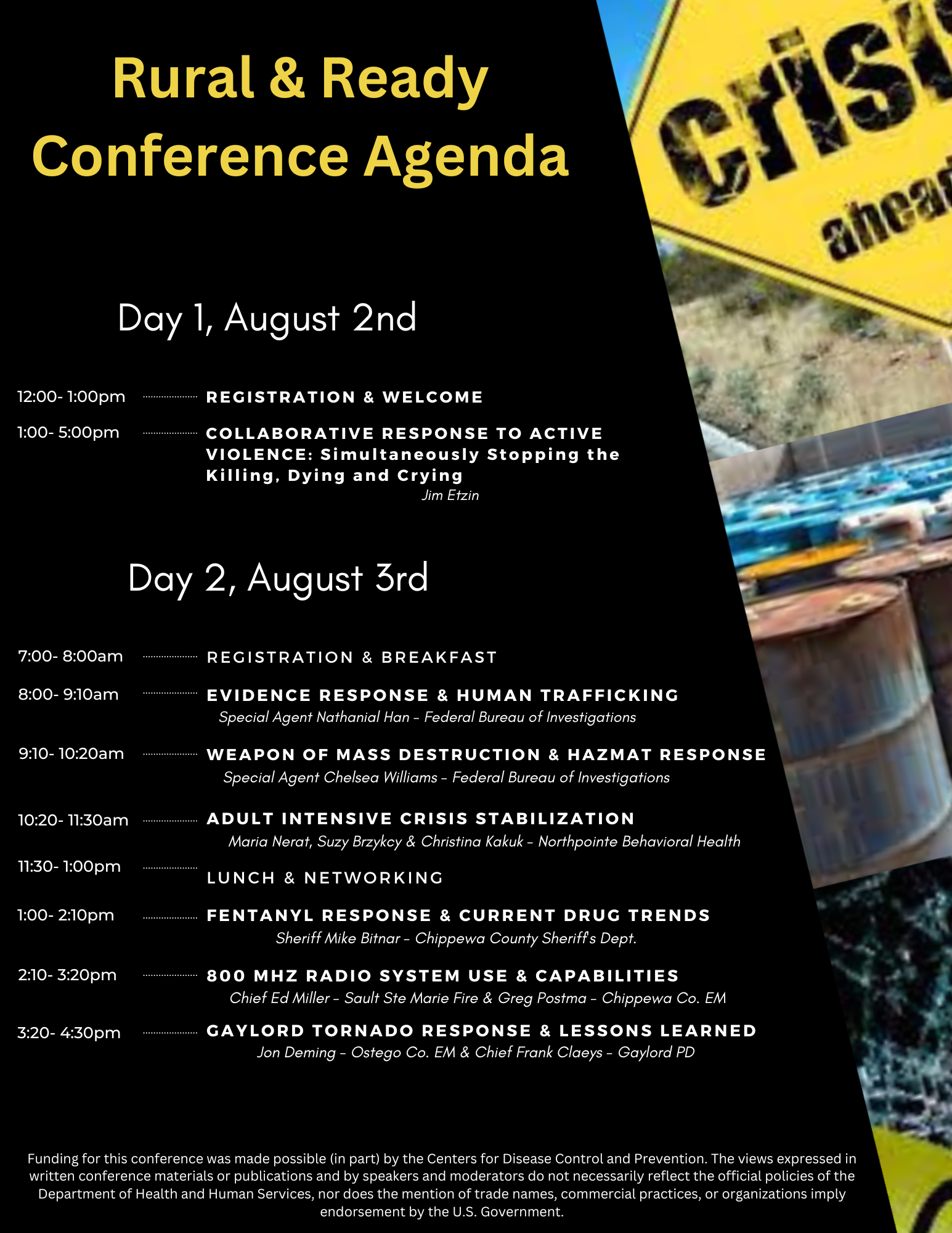 Rural & Ready Conference Agenda showing two-day schedule with session times, topics, and speaker names for emergency preparedness training.