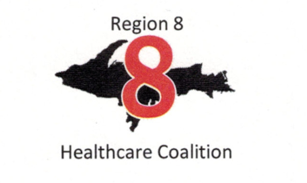 Region 8 Healthcare Coalition logo featuring a black map shape with a large red number 8.