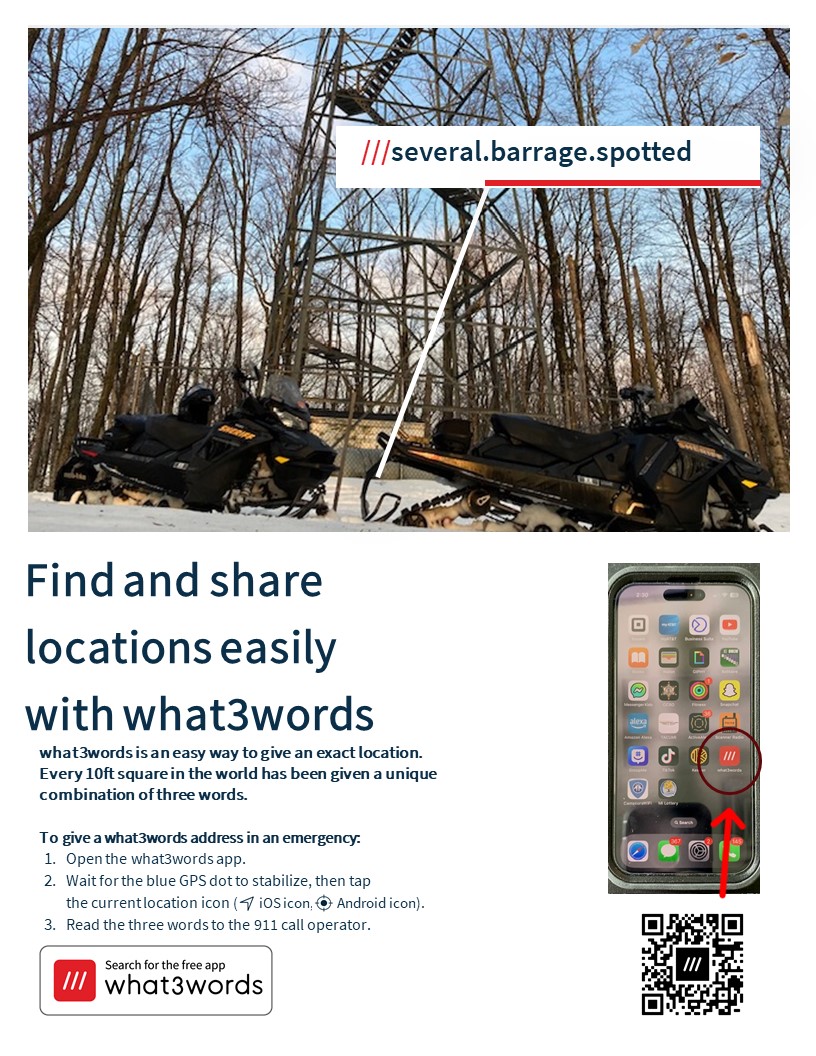 what3words flyer: find and share locations easily. Every 10 foot square in the world has a unique three-word address. To give one in an emergency, open the what3words app, wait for the blue GPS dot to stabilize, tap the current location icon, then read the three words to the 911 call operator.