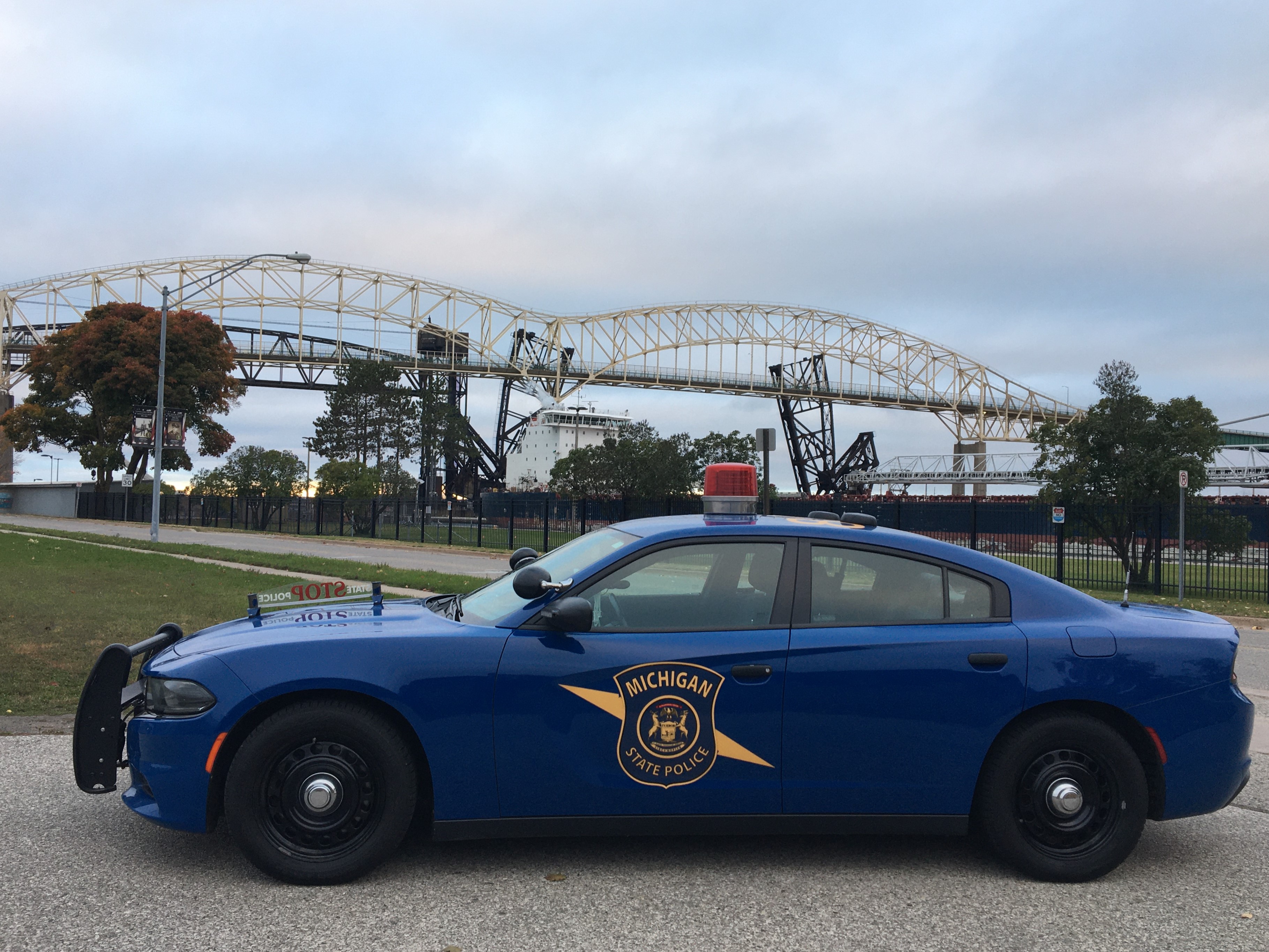 Michigan State Police patrol car parked near the International Bridge.