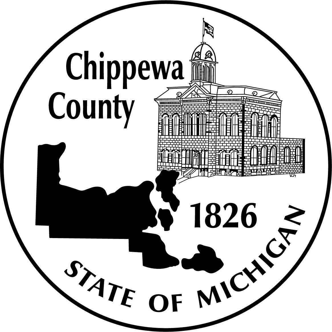 Chippewa County seal featuring the county map, a historic courthouse building, and the founding year 1826.