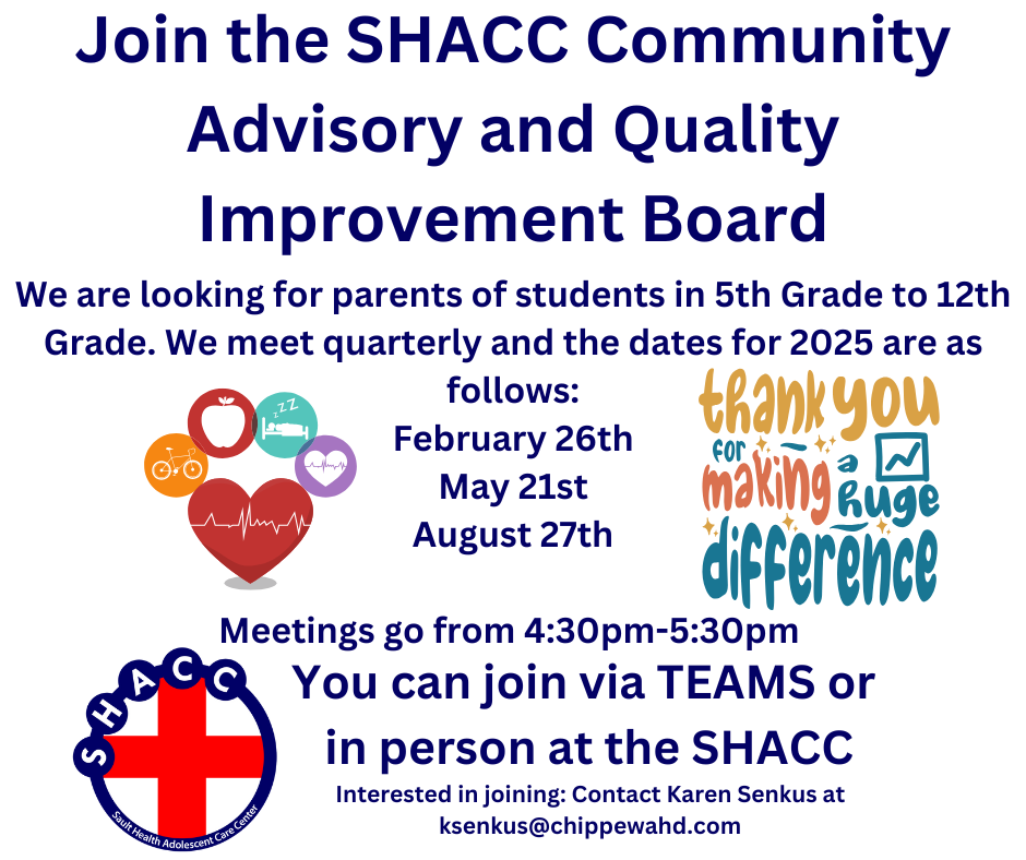 Flyer recruiting parents for SHACC Community Advisory and Quality Improvement Board with meeting dates, times, and contact information.