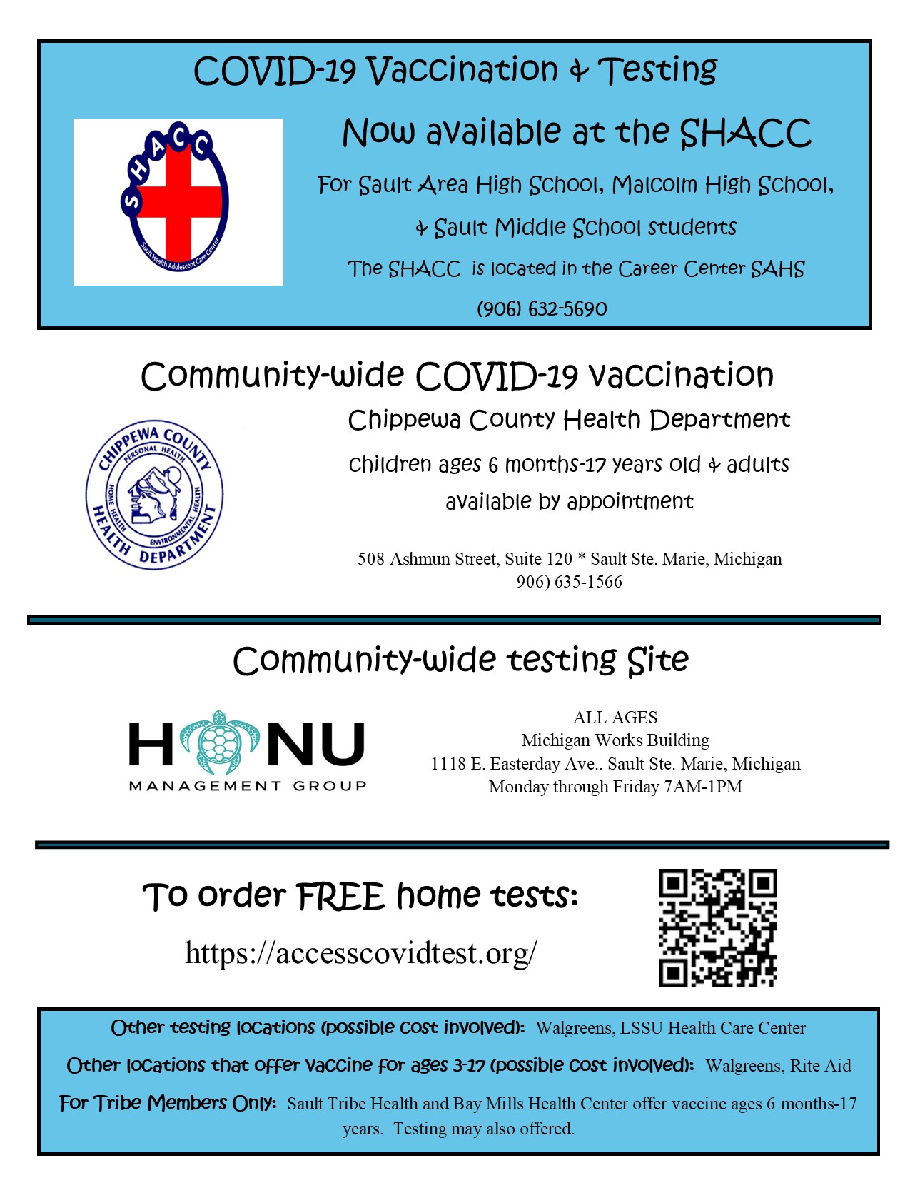 County government flyer listing COVID-19 vaccination and testing locations in Sault Ste. Marie, Michigan with contact information and service details.