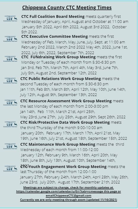 Table showing Chippewa County CTC meeting times and schedules for various committees and work groups throughout 2022.