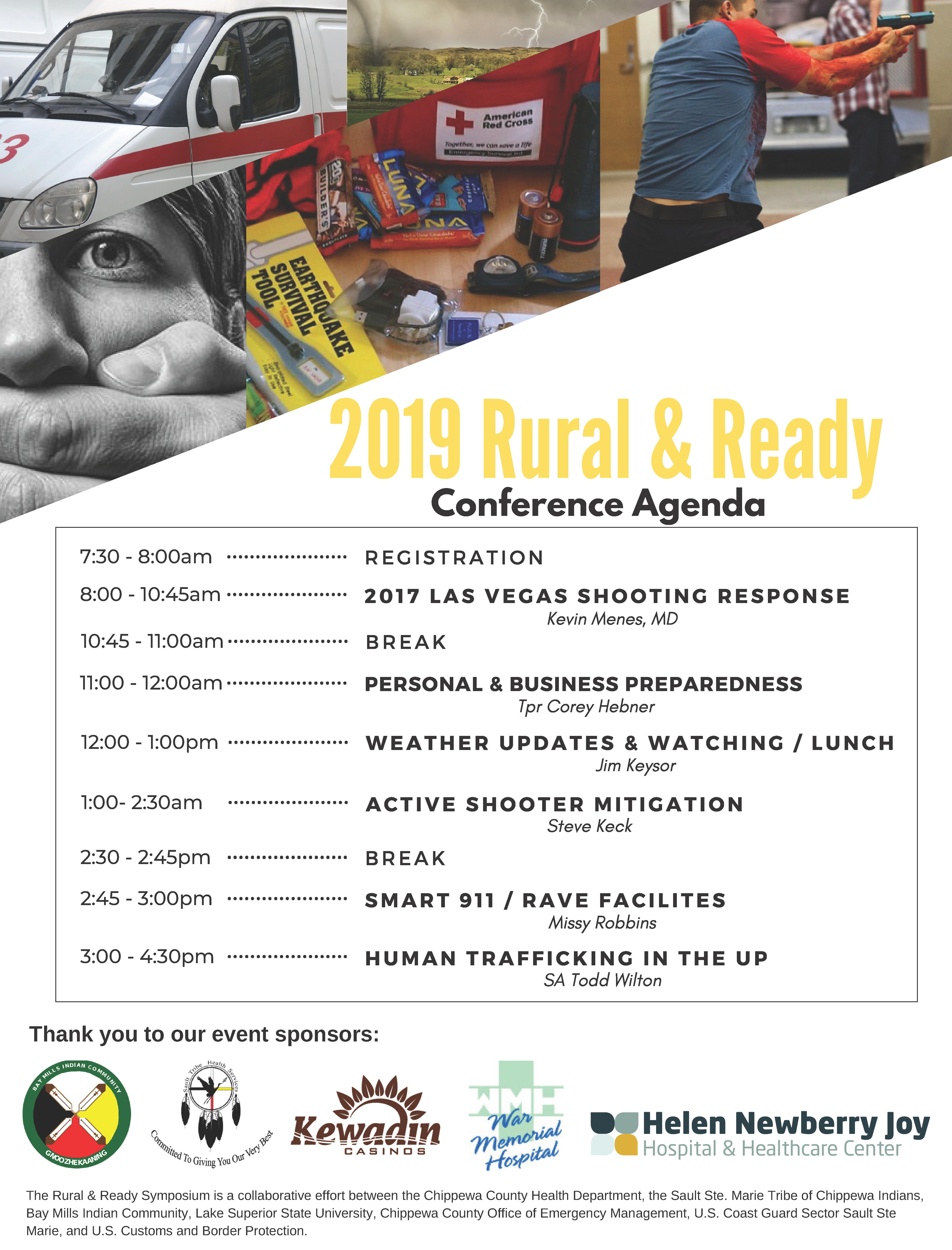 2019 Rural & Ready Conference Agenda showing emergency response training schedule and sponsor logos including American Red Cross, Kewadin Casinos, and Helen Newberry Joy Hospital.