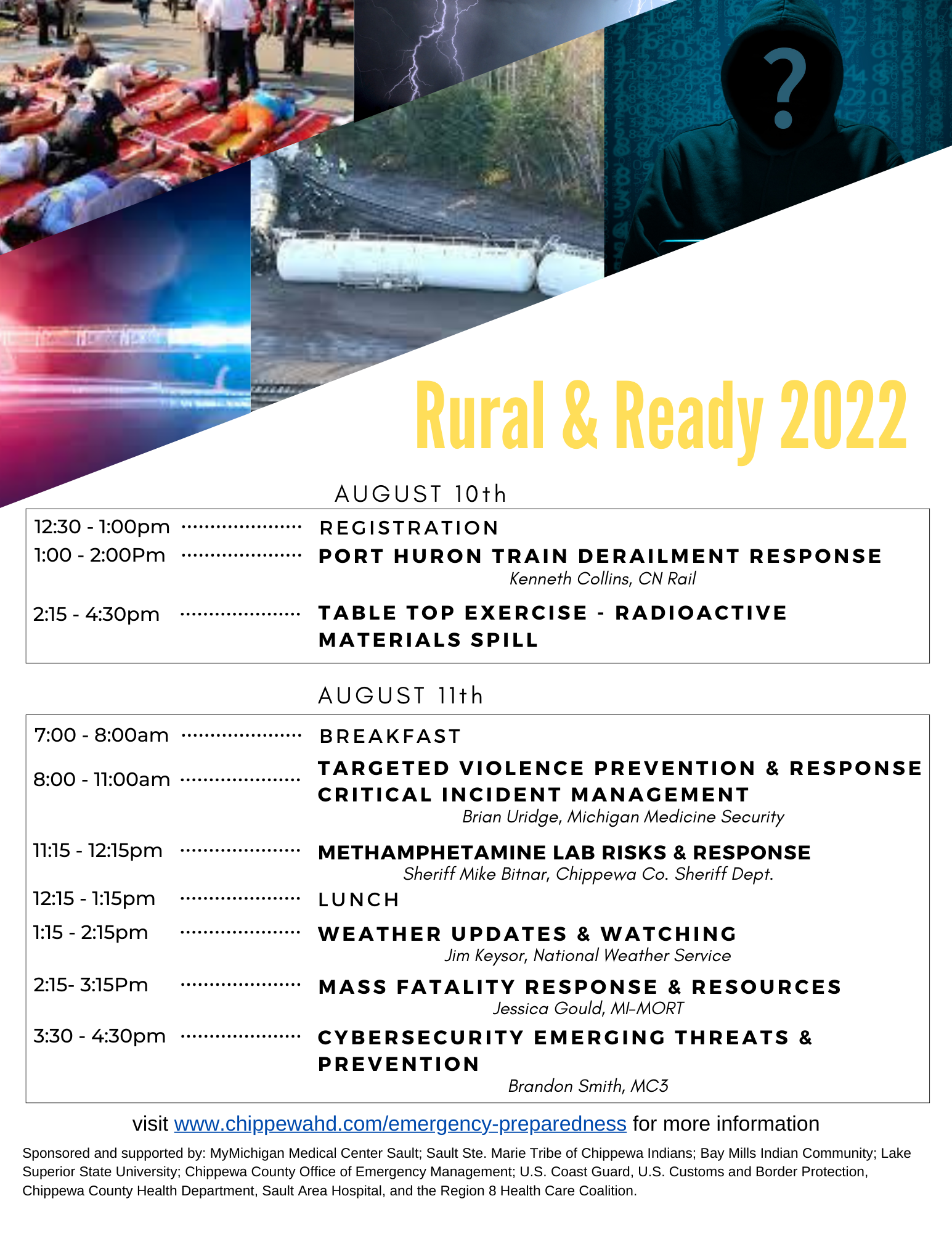 Rural & Ready 2022 emergency preparedness conference schedule for August 10-11 featuring training sessions on disaster response, hazmat, and security threats.