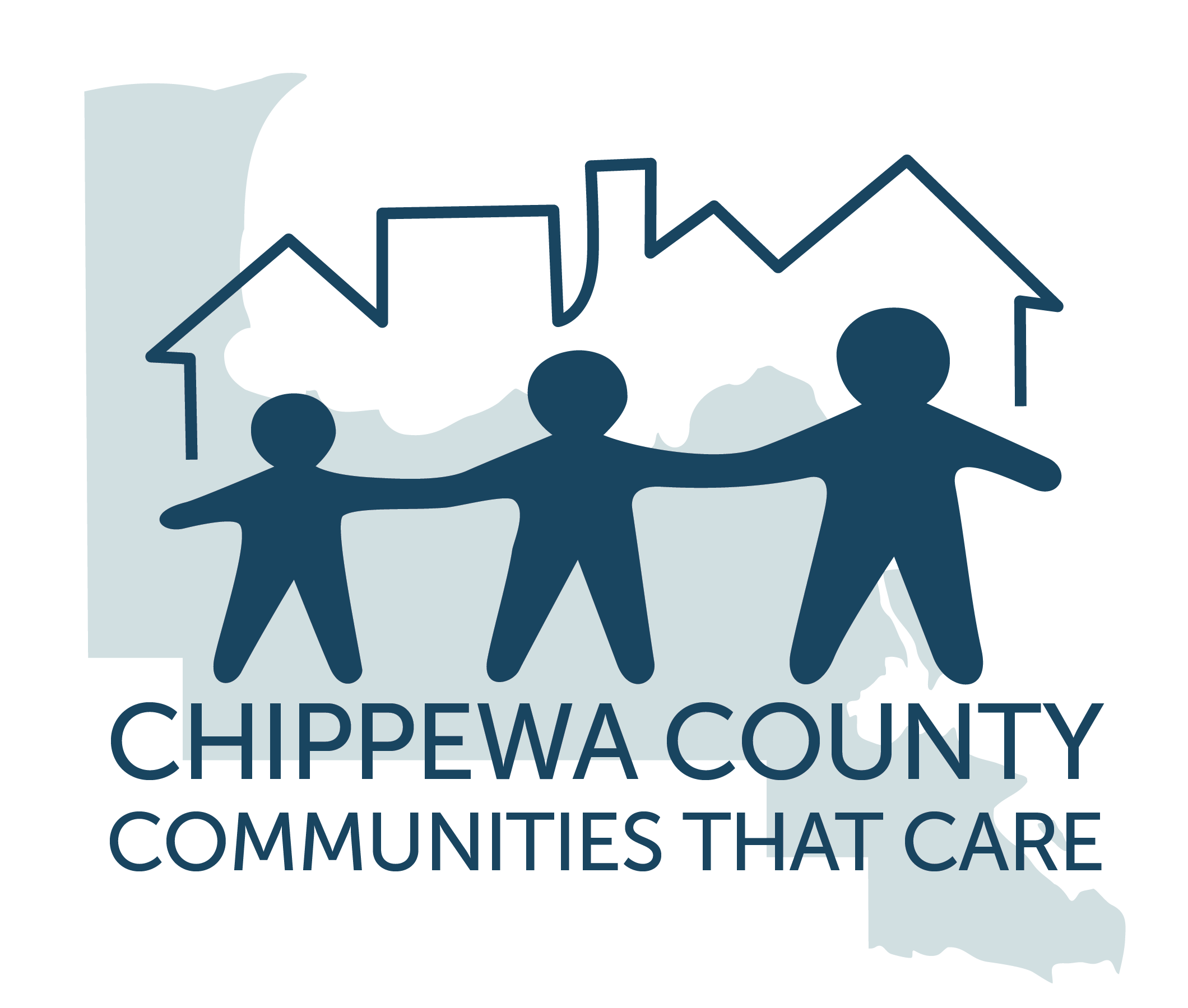 Three silhouetted figures holding hands in front of houses and county outline, with Chippewa County map shape