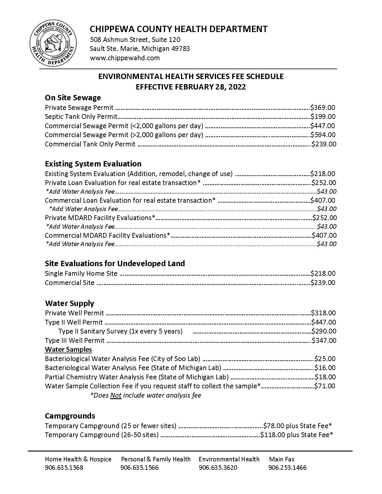 Chippewa County Health Department environmental health services fee schedule effective February 28, 2022