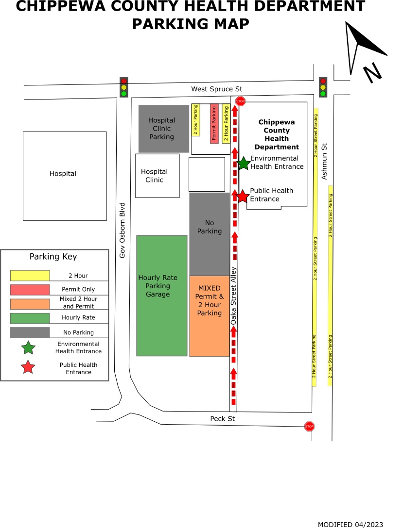 Parking map of Chippewa County Health Department showing lot locations, entrance points, parking rates, and street layout.