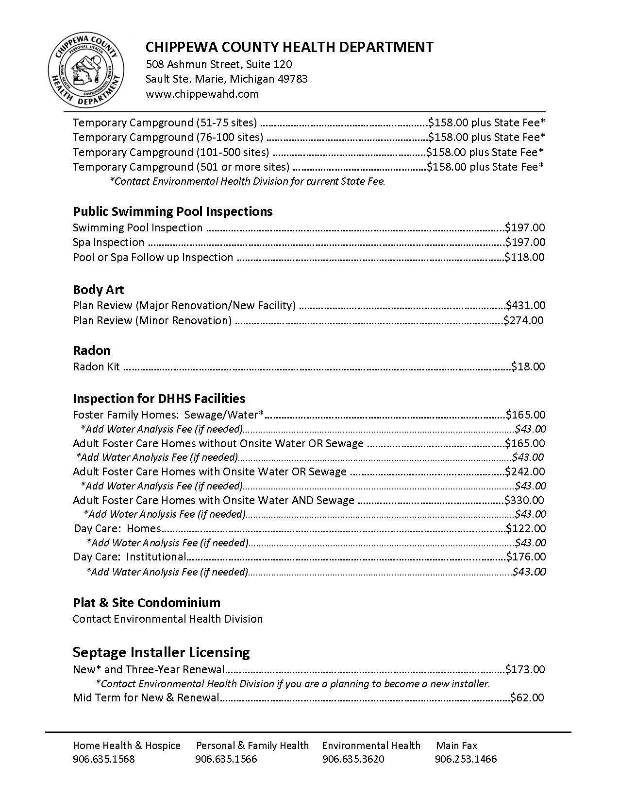 Chippewa County Health Department fee schedule listing inspection and licensing costs for campgrounds, swimming pools, body art, radon, foster care facilities, and septic installation.