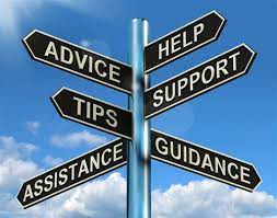 Multi-directional sign post with black arrows pointing to advice, help, tips, support, assistance, and guidance against a blue sky.