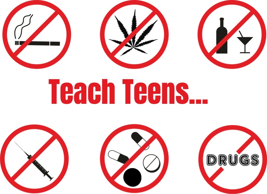Six prohibition signs showing cigarettes, cannabis, alcohol, needles, pills, and drugs with text 'Teach Teens...'