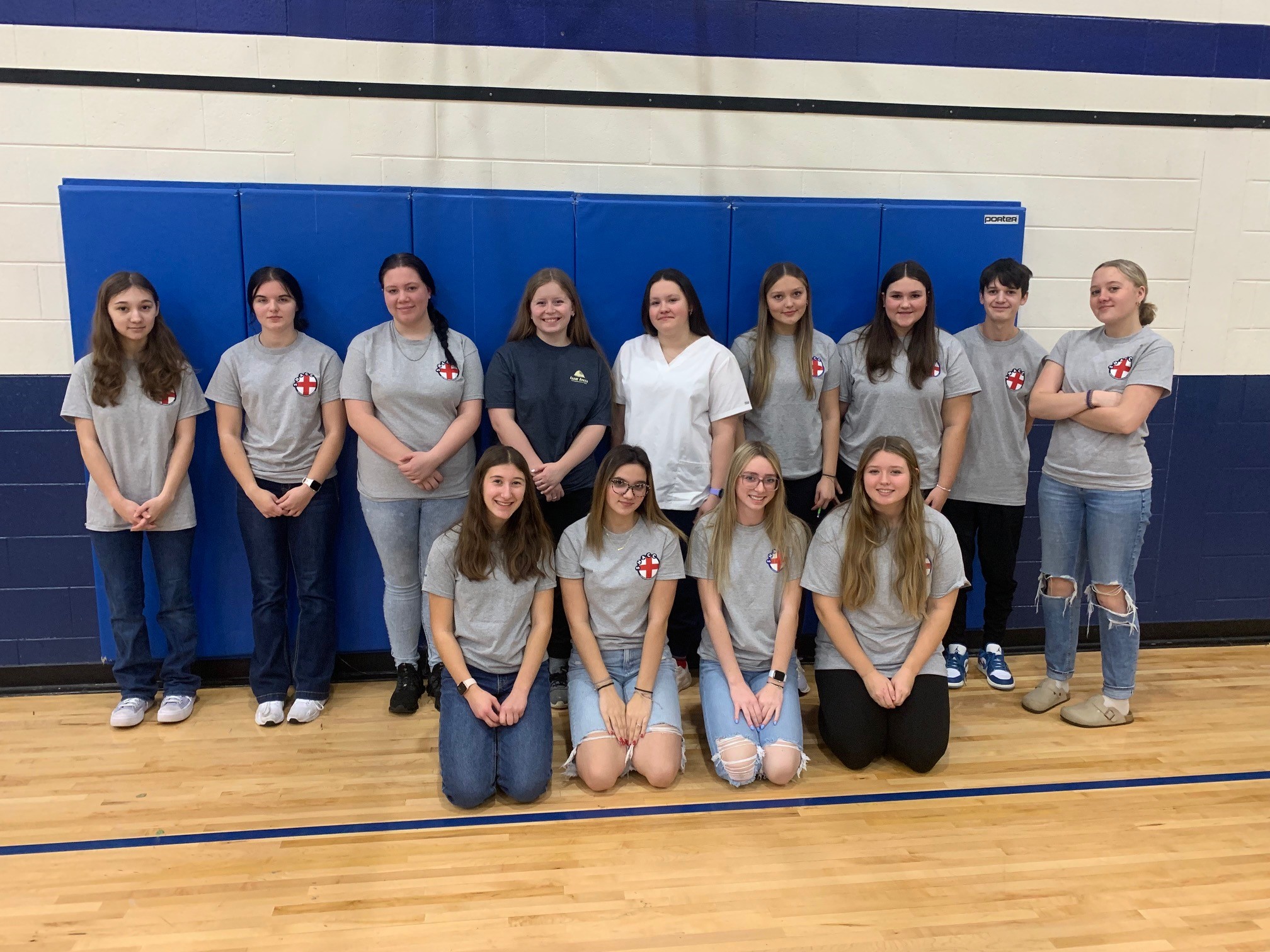 Group of thirteen teenage girls posing in a gymnasium, most wearing gray t-shirts, arranged in two rows with blue bleachers in background.