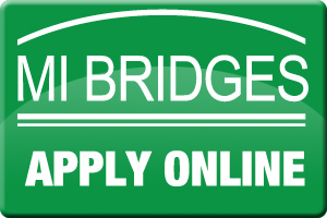 Green rectangular button with white text reading MI BRIDGES and APPLY ONLINE