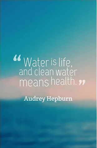 Quote by Audrey Hepburn about water and health displayed over a serene ocean and sky background.